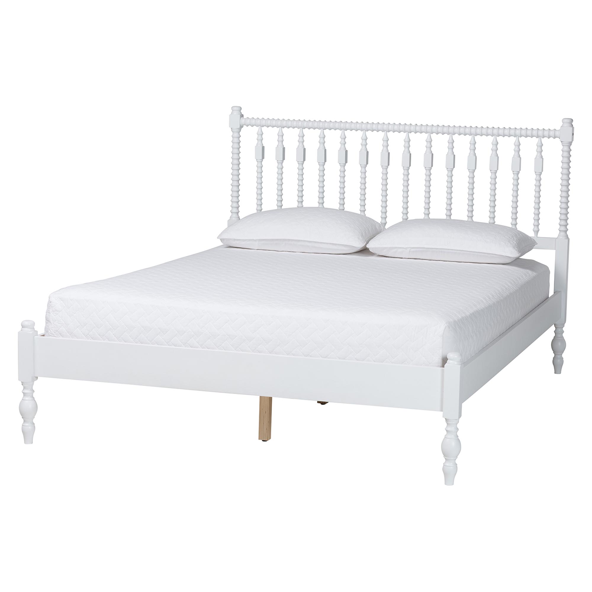 Baxton Studio Callison Spindle Platform Bed - Turned Farmhouse Bed Frame with Spoked Headboard and Sculpted Legs, White, Queen